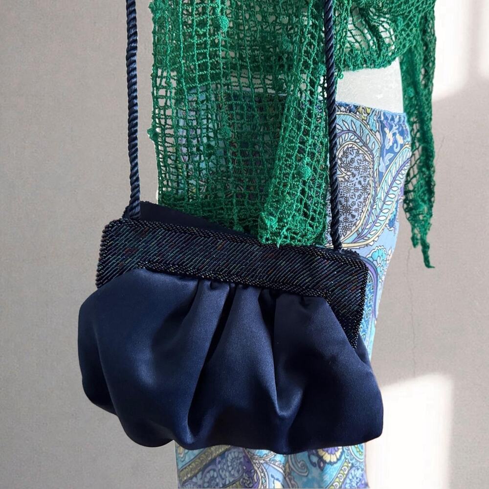 Vintage inspired navy satin evening bag